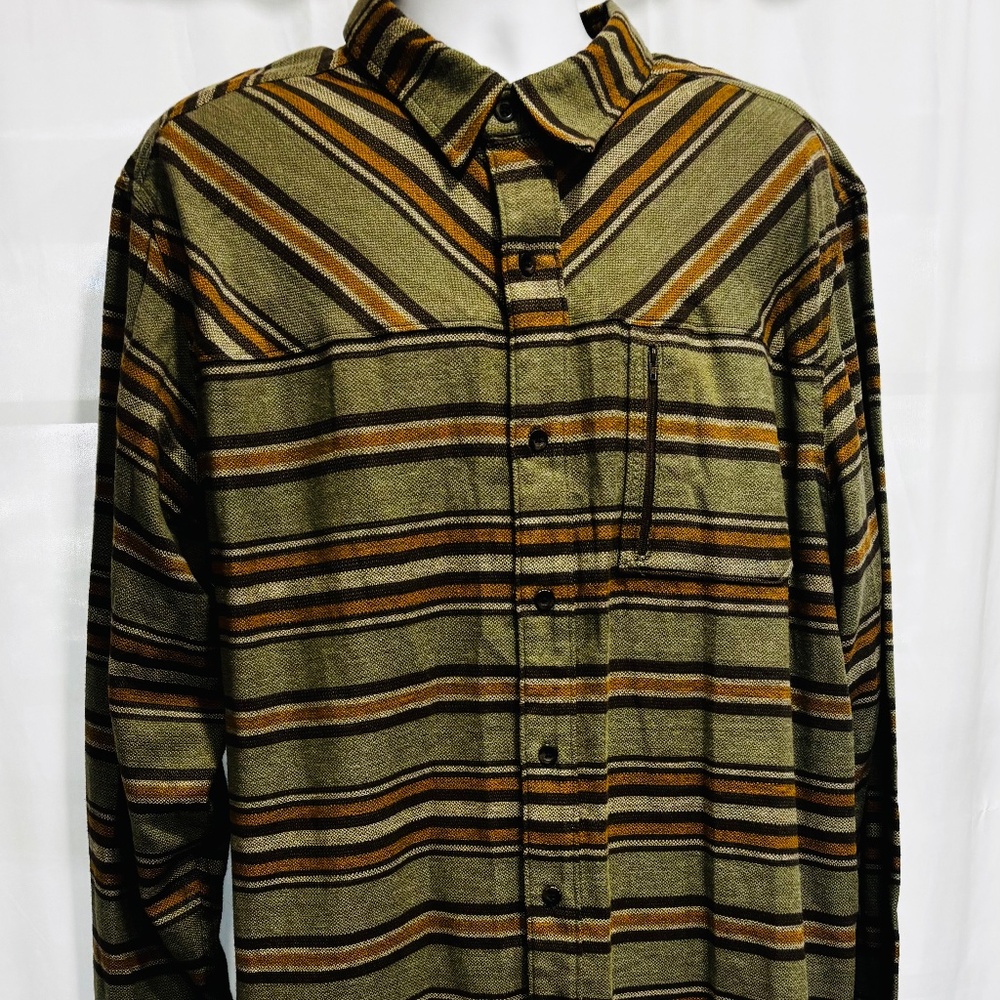 Ascend Shirt Mens 2XL Green Tan Strip Long Sleeve Button Up Zip Pocket Outdoor